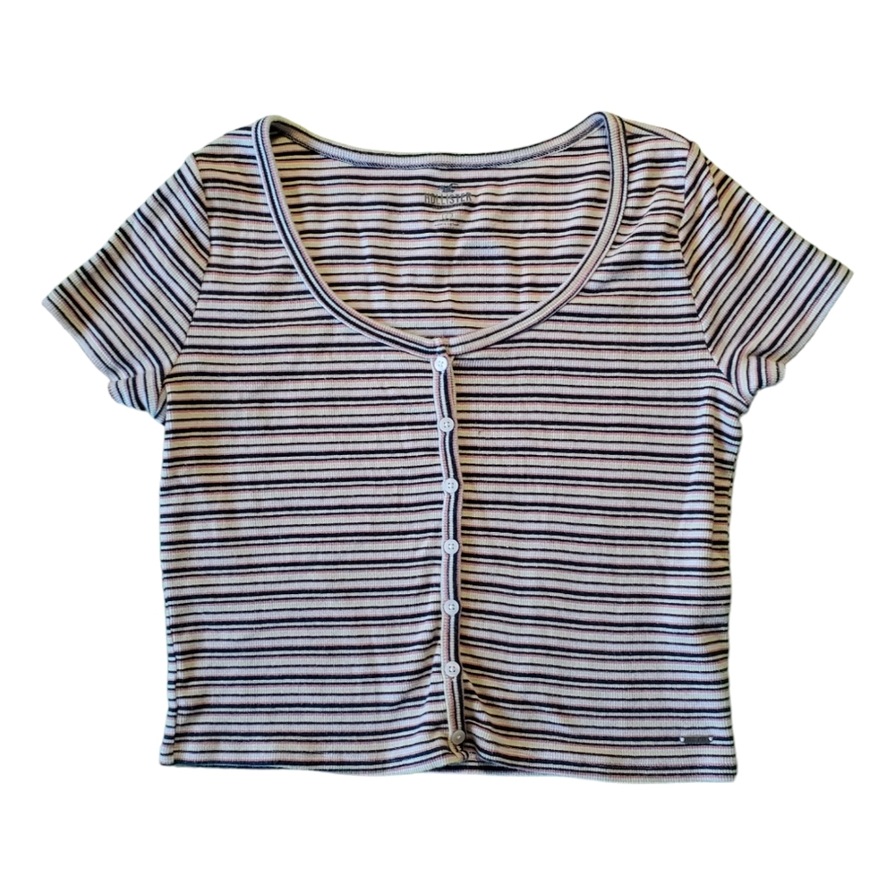 Hollister Multicolor Stripe Knit Button Down Crop Top, Size L